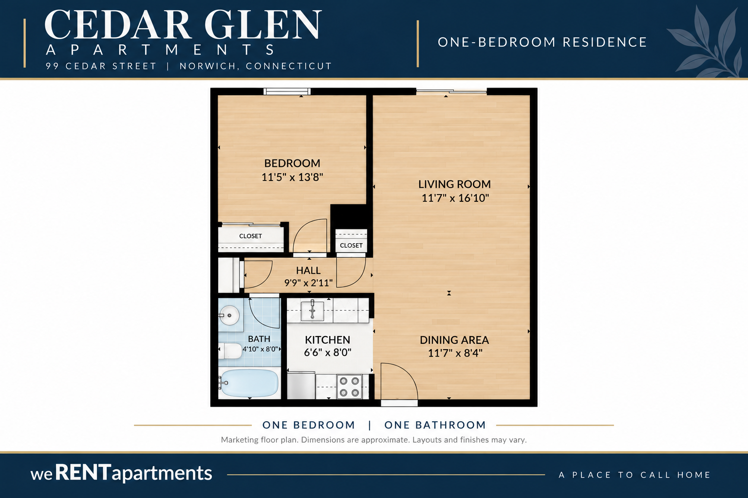 Cedar Glen one-bedroom floor plan with room dimensions