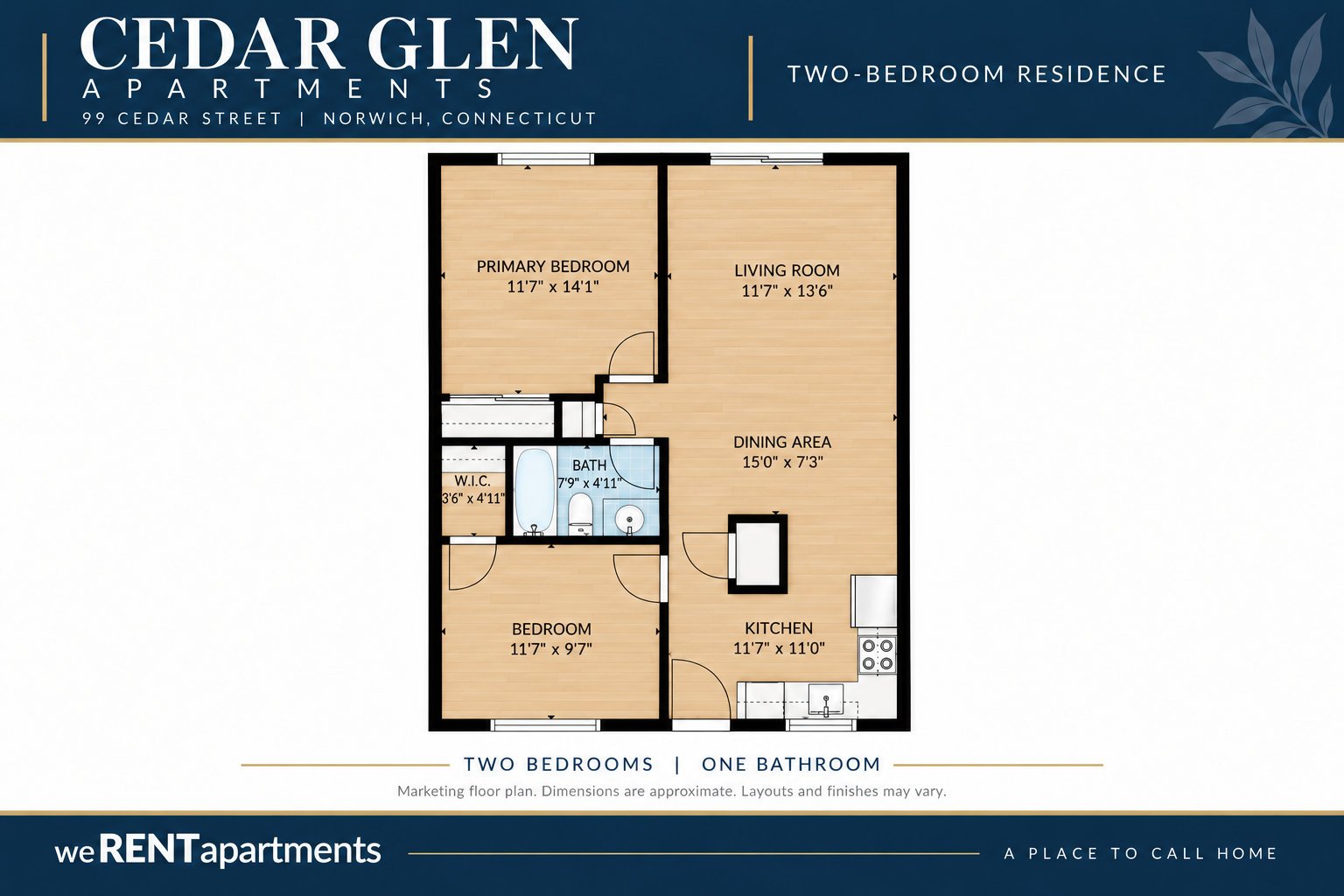 Cedar Glen two-bedroom floor plan with room dimensions